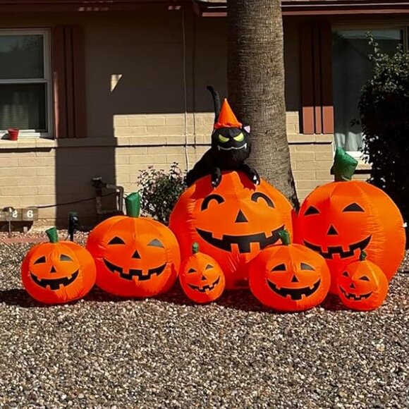 7 FT 7 Pumpkins with Witch's Cat Halloween Inflatable Decorations with LED Light - Picture 1 of 13